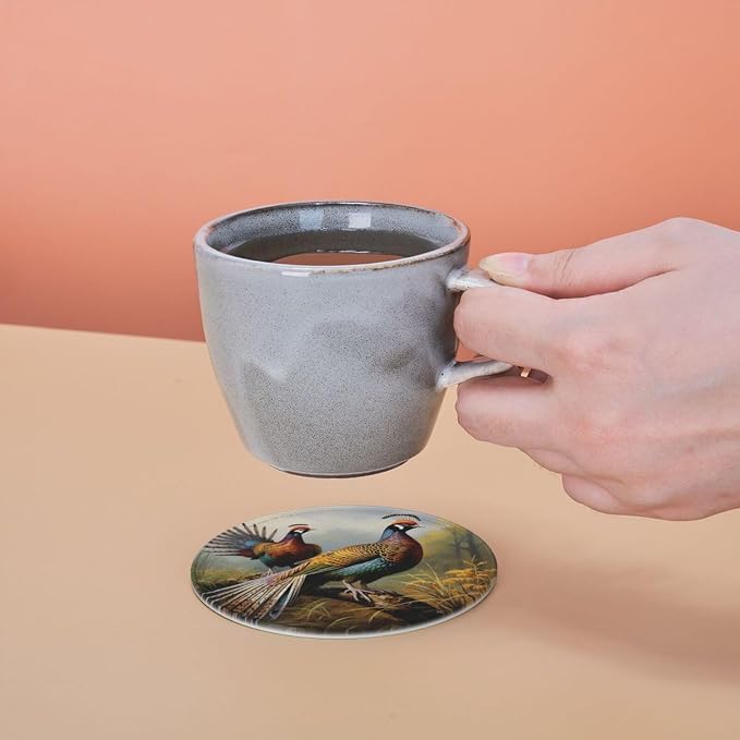 6Pcs PU Leather Coaster for Drinks, Pheasants Animals Cup Coasters