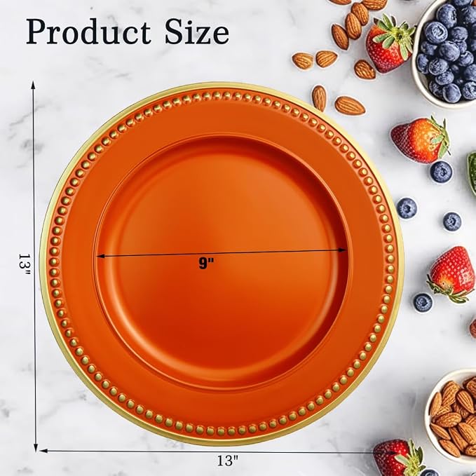Orange Beaded Charger Plates, 13 Inch Plastic Round Chargers