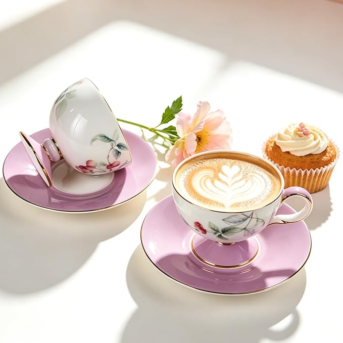 KAMMAK Tea Cups Set of 2, Ceramic Floral Pattern Demitasse Cup | Porcelain