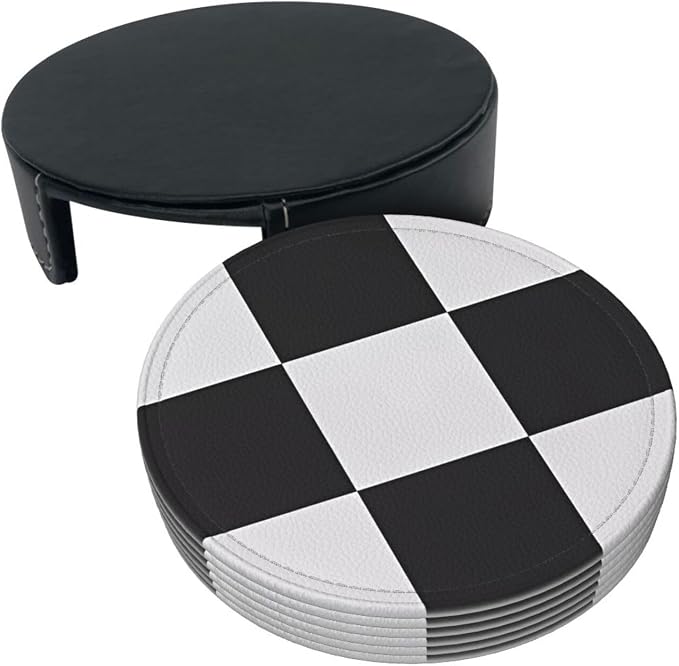 6 Pcs Black and White Checker Leather Coasters