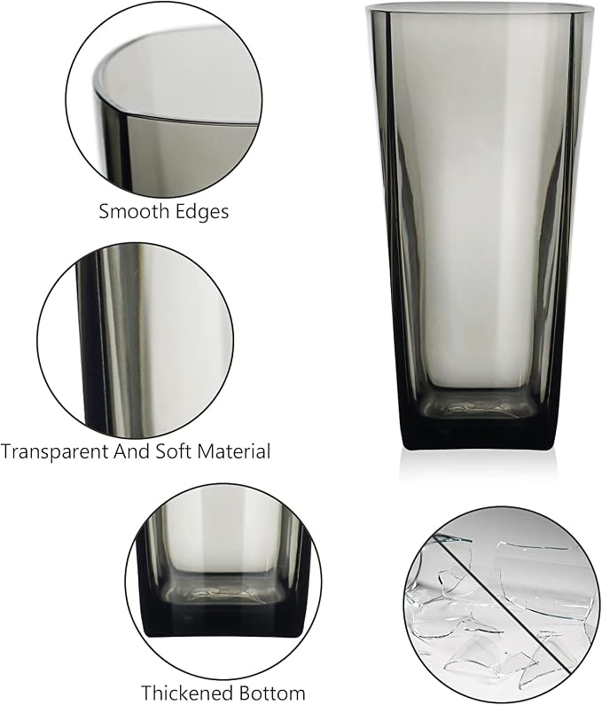 Goldmeet Black Glass Cups Set of 8, 20oz Shatterproof Square Tumblers | BPA-Free