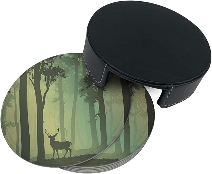 6 Pcs Deciduous Forest Bird Deer Leather Coasters