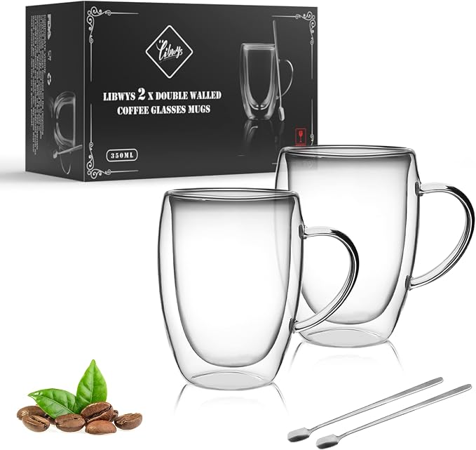 LIBWYS 12oz Double Walled Coffee Cups Glasses Mugs, Borosilicate Glass 2Pcs |