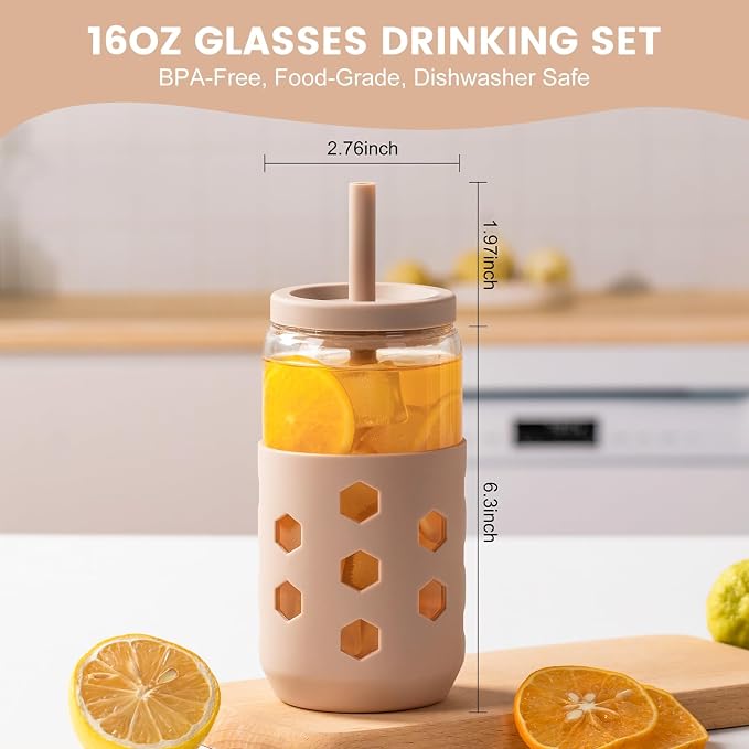 Mrsdry 16 oz Glass Cups with Lids and Straws