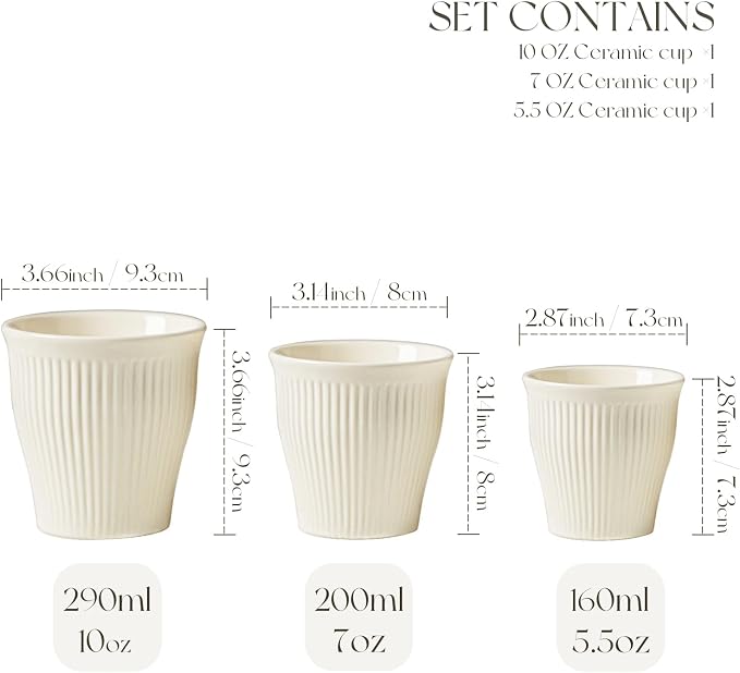 KEMORELA Espresso Cups Set of 3 – 5.5oz/7oz/10oz Ceramic Espresso Cups