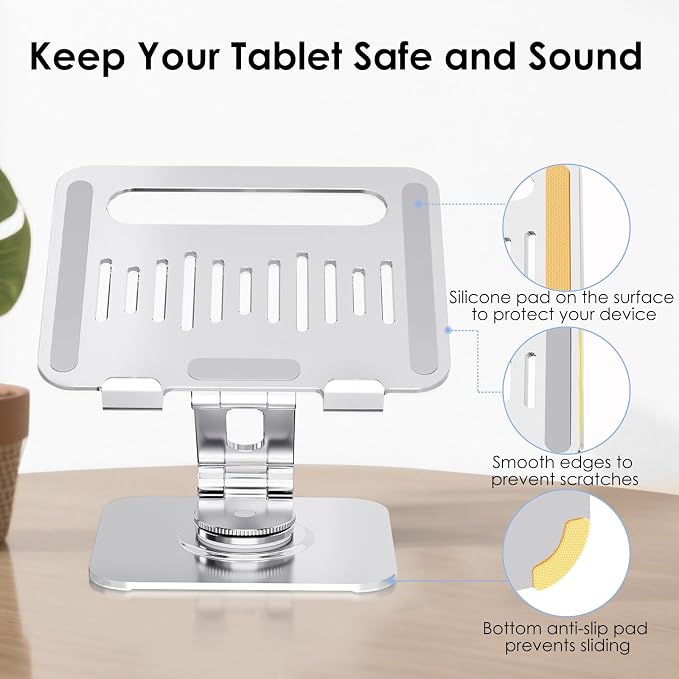 Tablet Stand for Desk, 360° Swivel for iPad Holder, Aluminum Adjustable Tablet