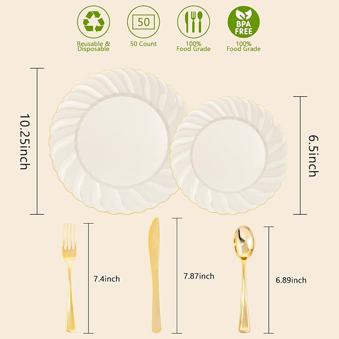 YOUBET 125PCS Ivory Scalloped Plastic Plates