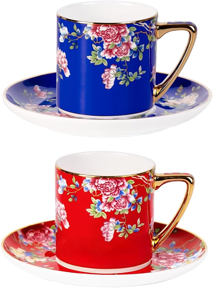 KAMMAK Tea Cup and Saucer, Ceramic Coffee Cups, 7.4 oz, Afternoon Tea and