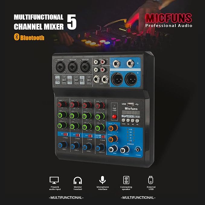 Mini audio DJ mixer Sound Board Console System, 5 Channel 48V Phantom Power