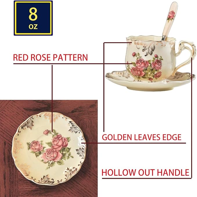 YOLIFE Tea Cups and Saucers Set of 6, 8 OZ Pink Rose Coffee Cups | Ivory