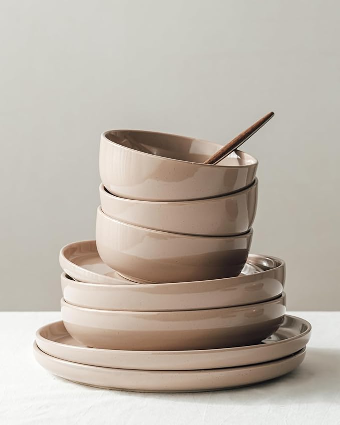 Famiware Milkyway 16-Piece Stoneware Plates and Bowls, Cinnamon Brown |