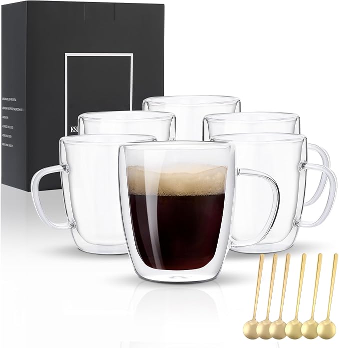 VENVENWEAVS Glass Coffee Mugs Set Of 6, 13.5 OZ Insulated Double Wall Coffee