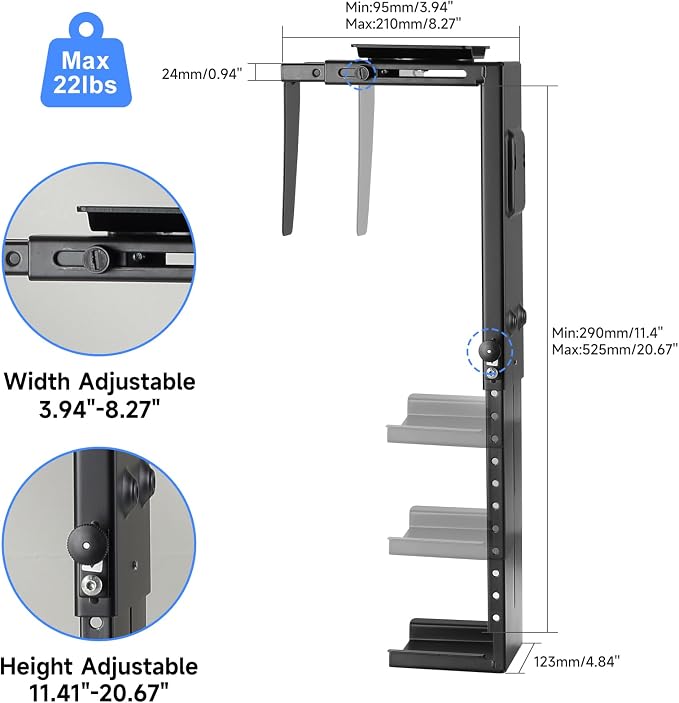 Suptek Adjustable Under Desk and Wall PC Mount, 3.74 to 8.26 inch Wide Computer