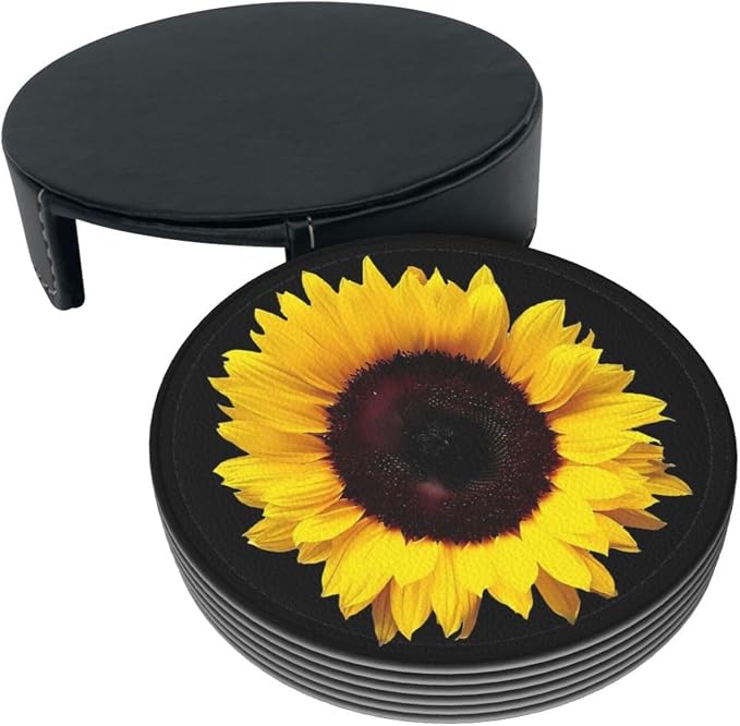 6 Pcs Black Farmhouse Blossom Sunflower Leather Coasters