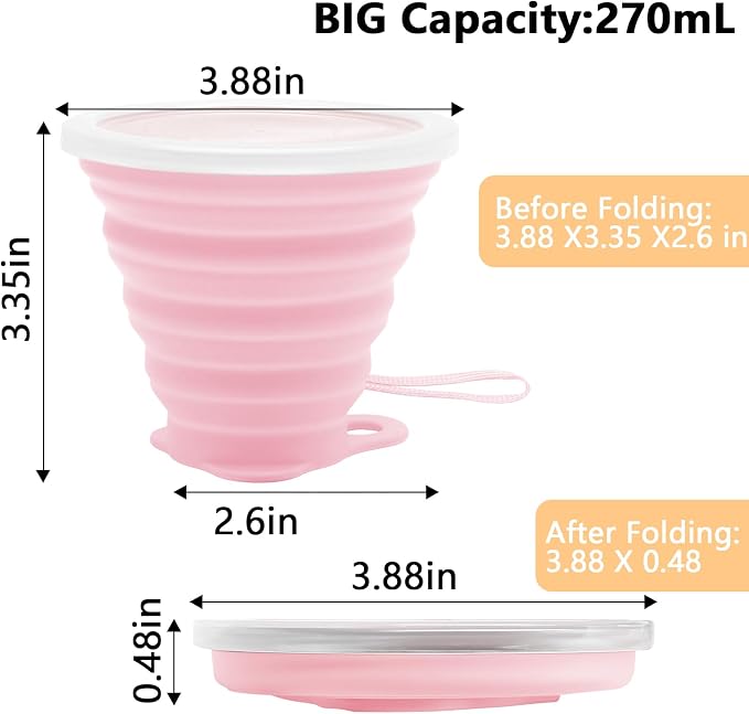 Litoexpe 2 Pack Silica gel Collapsible Travel Cup 270ml, Portable Folding