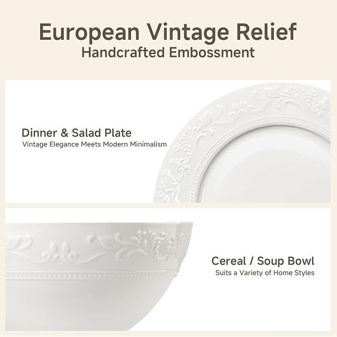 24Pcs Vintage Relief White Bone China Set, Service