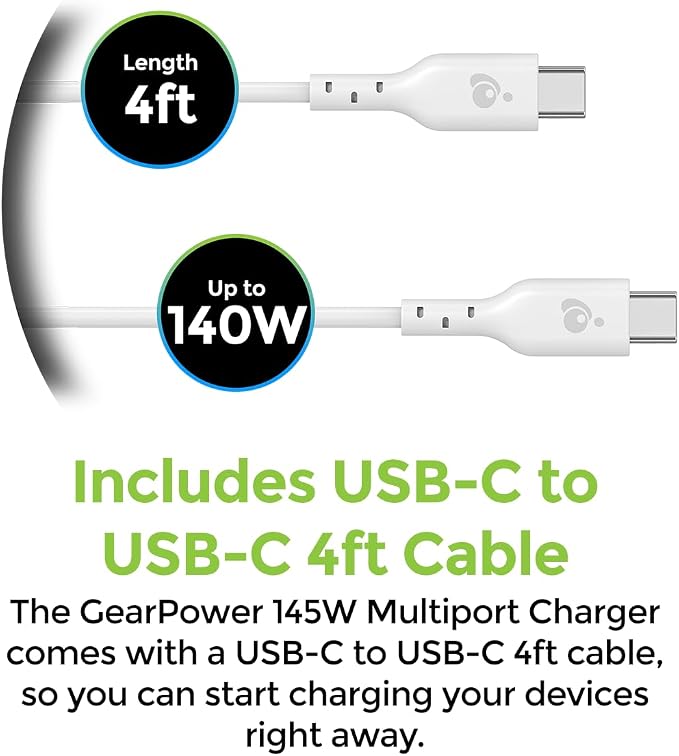 IOGEAR GearPower 145W Multiport Charger, 4 Port, USB-C Cable, iPhone 16