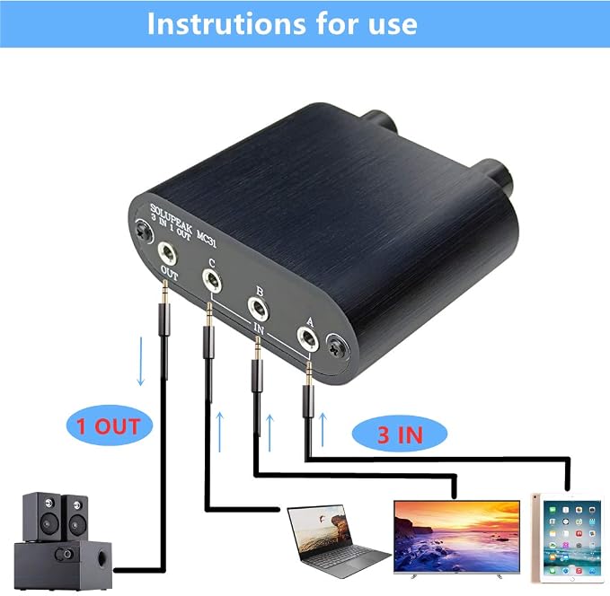 3.5mm Audio Switch with line Volume Controller, 3 in 1 Out 1/8" aux switcher