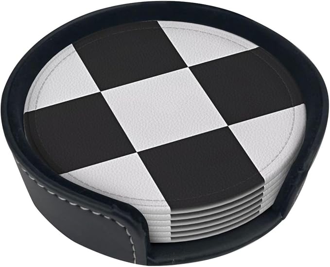 6 Pcs Black and White Checker Leather Coasters