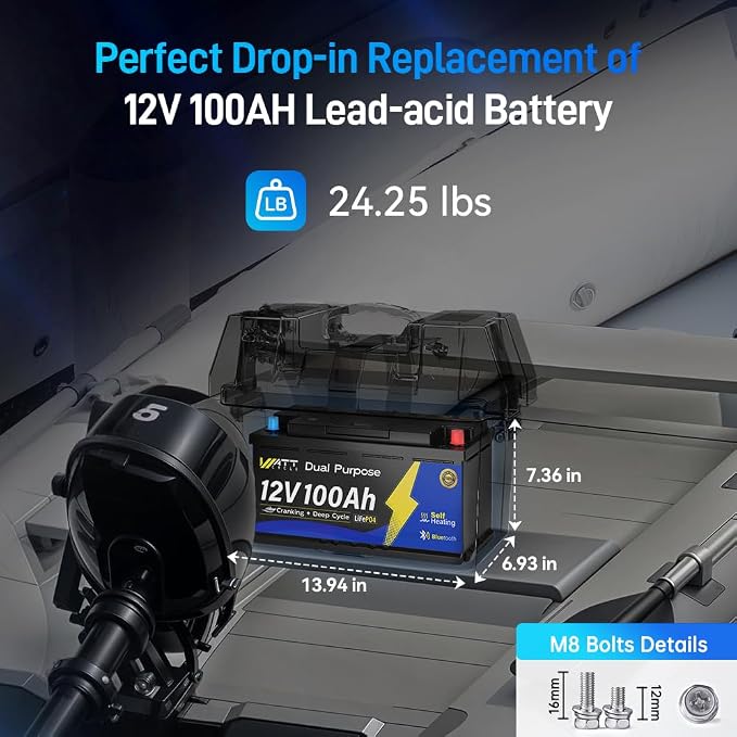 12V 100Ah Marine Starting LiFePO4 Battery Bluetooth, Lithium Battery