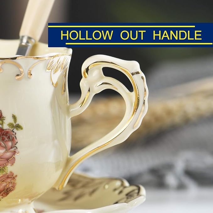 YOLIFE Tea Cup and Saucer Set, 8 OZ Pink Rose Tea Cup Set | Ivory Vintage