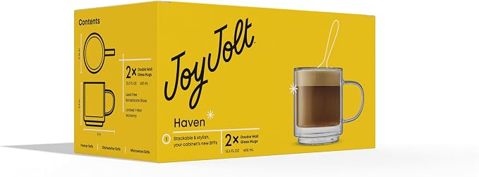 JoyJolt Haven Stackable Double Wall Glass Mugs, Double Wall Glass Coffee Cups