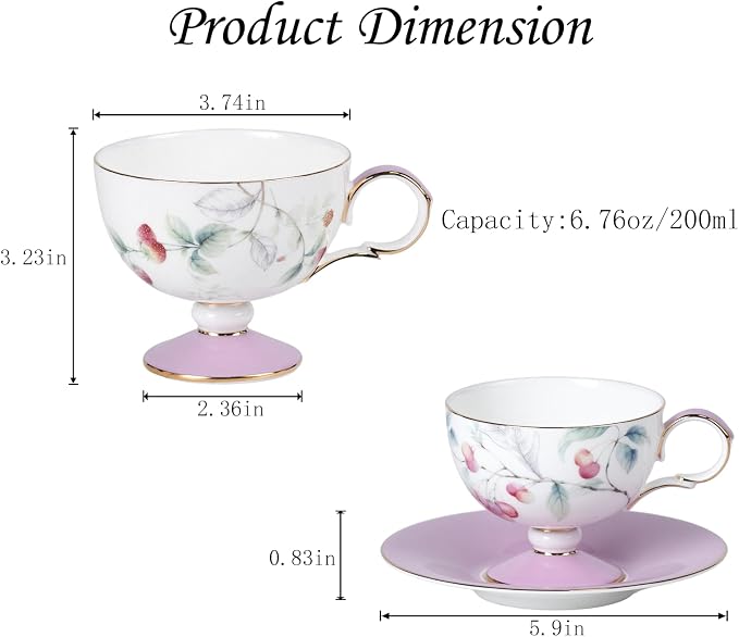 KAMMAK Tea Cups Set of 2, Ceramic Floral Pattern Demitasse Cup | Porcelain