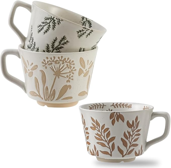 12 Ounce Ceramic Mug Set of 3 Embossed Leaf Ceramic Coffee Mugs, Vintage