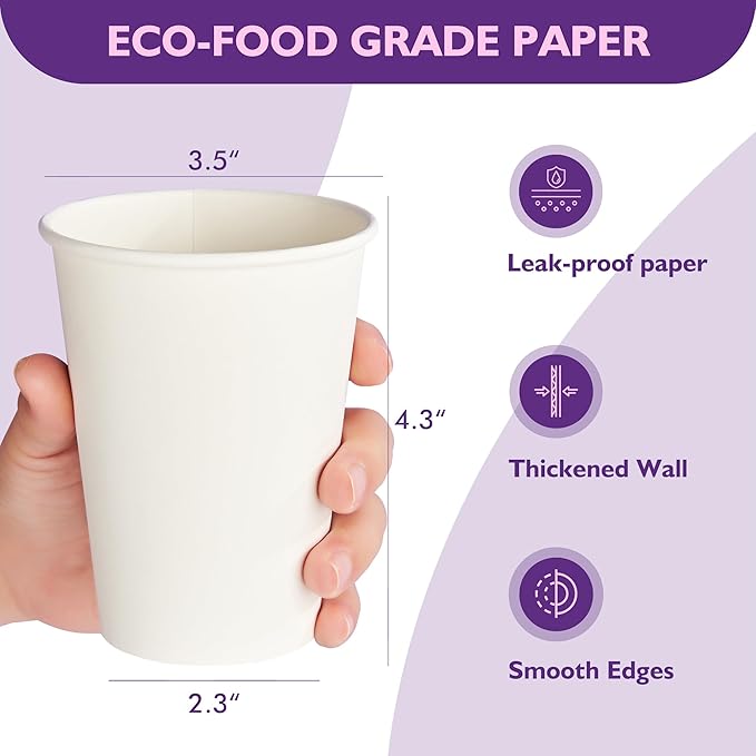 12 oz White Paper Coffee Cups, Disposable Hot Cups