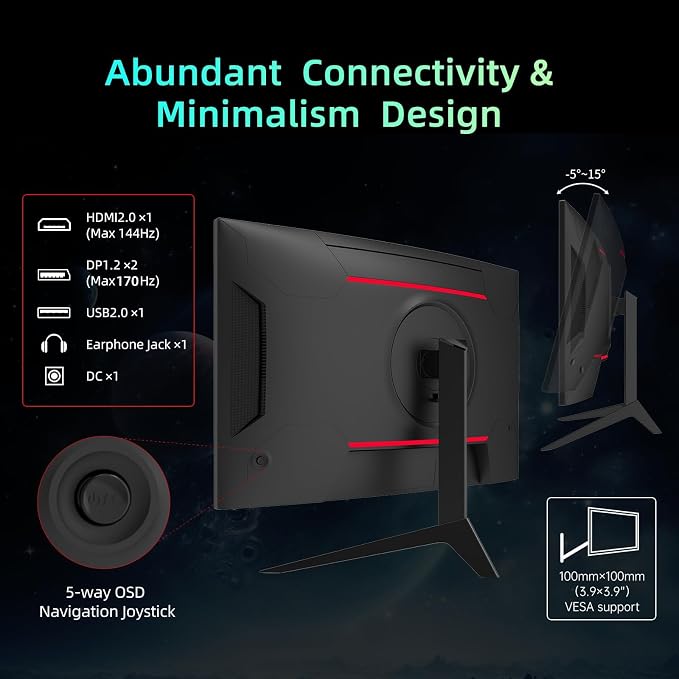 KTC 32 inch Curved Gaming Monitor, 180Hz 1ms MPRT, 2K 1440P 144Hz Monitor