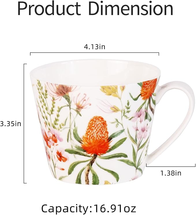 KAMMAK Bone China Coffee Mugs, 16oz Floral Tea Cups