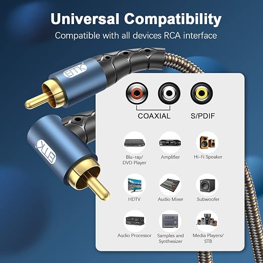 EMK RCA Subwoofer Cable 90 Degree RCA to RCA Audio Cable 24K Gold-Plated Nylon