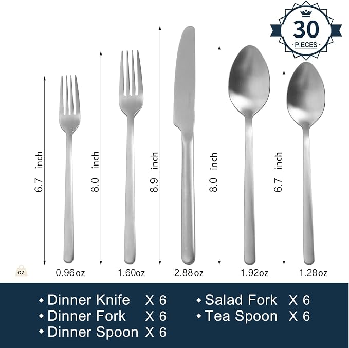 30 Pieces Silverware Set, Flatware Cutlery Set