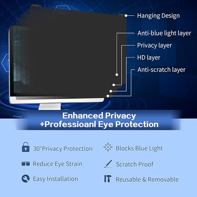 Computer Privacy Screen Filter 27 Inch, 9H Hardness Hanging Computer Screen