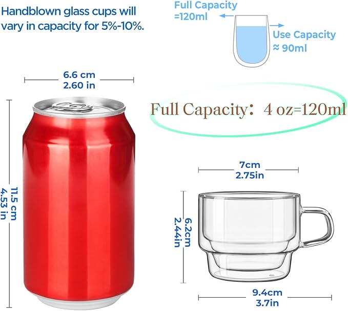 glastal Stackable Glass Cups 4 oz Espresso Glasses Double Walled Espresso Cups