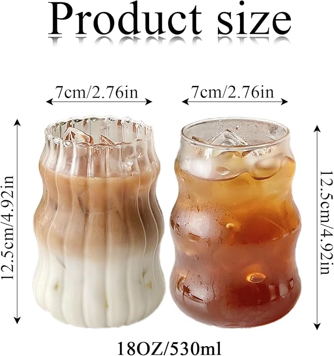 2 Pcs Ribbed Glass Cups 18 Oz Vintage Drinkware Wavy Ribbed Design Ideal