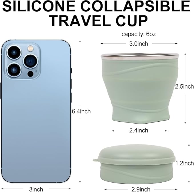 Collapsible Travel Cup with Lid - 6oz Mini Silicone Folding Cup with Stainless