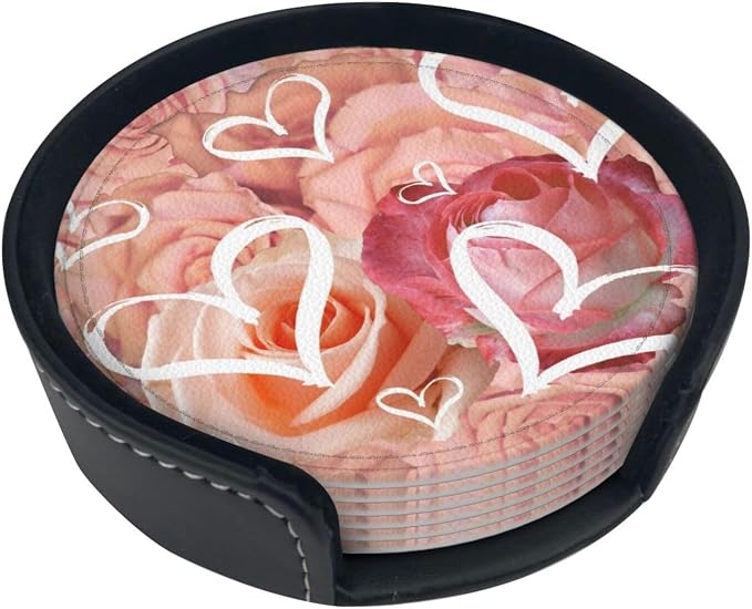 Drink Coasters with Holder Stand Set of 6, Heart Pink Rose Flower Pu Leather