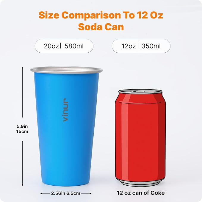 VINUR Stainless Steel Cups-20 oz Stackable Metal Drinking Glasses 8 Pcs | 20 oz