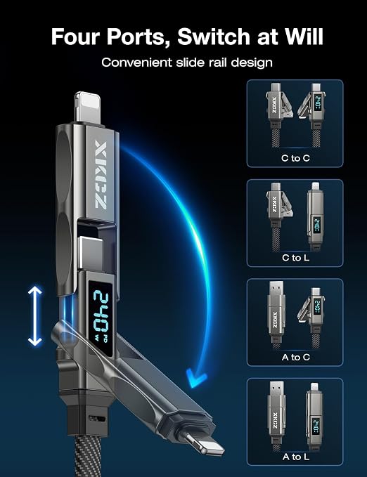 4 in 1 USB C Cable with Wattage Display, 240W Flat Nylon Braided Multi Charge