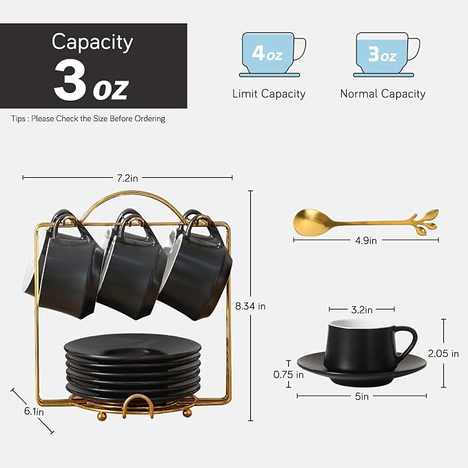 Lareina 3-Ounce Porcelain Espresso Cups Set of 6, Stackable Coffee Cups