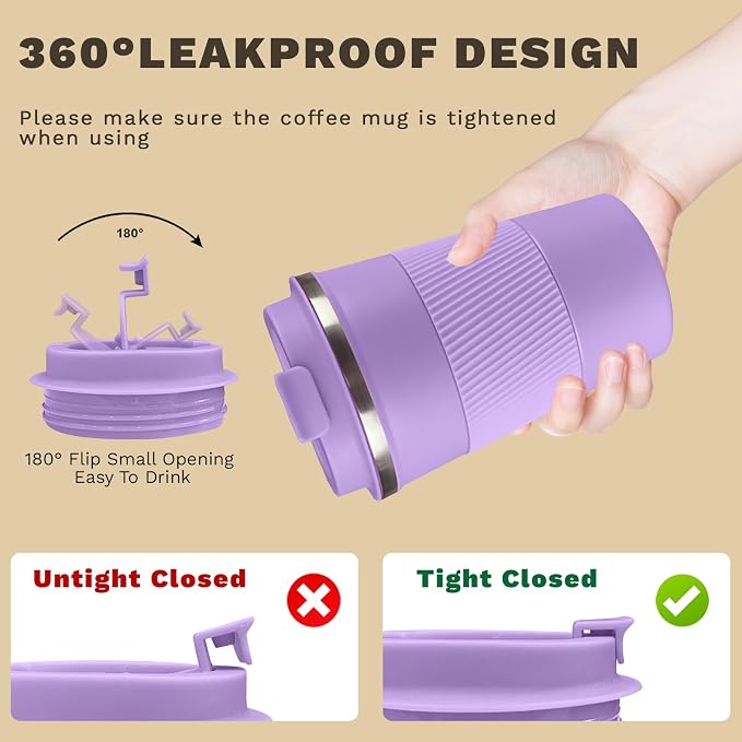 Vacuum Insulated Stainless Steel Travel Coffee Mug, Leak Proof Cup