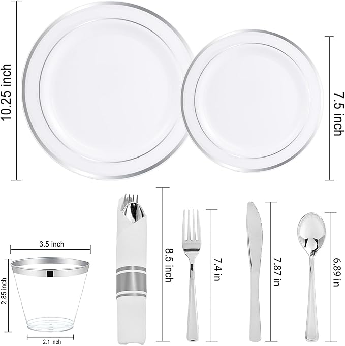 WELLIFE 210 Piece Silver Plastic Dinnerware Set