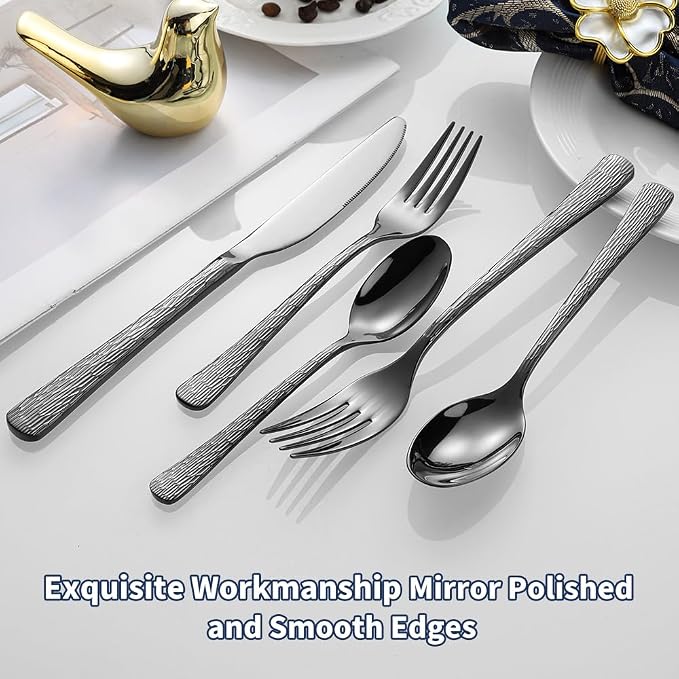 Hammered Black Silverware Set, Flatware Set, 18/10 Stainless Steel Premium