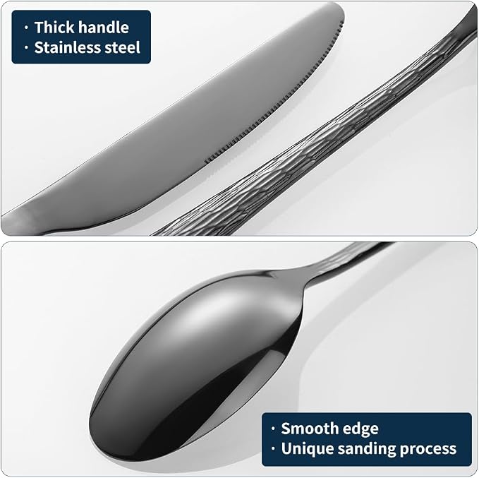 Hammered Black Silverware Set, Flatware Set, 18/10 Stainless Steel Premium
