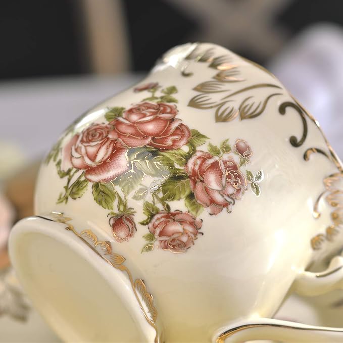 YOLIFE Tea Cup and Saucer Set, 8 OZ Pink Rose Tea Cup Set | Ivory Vintage