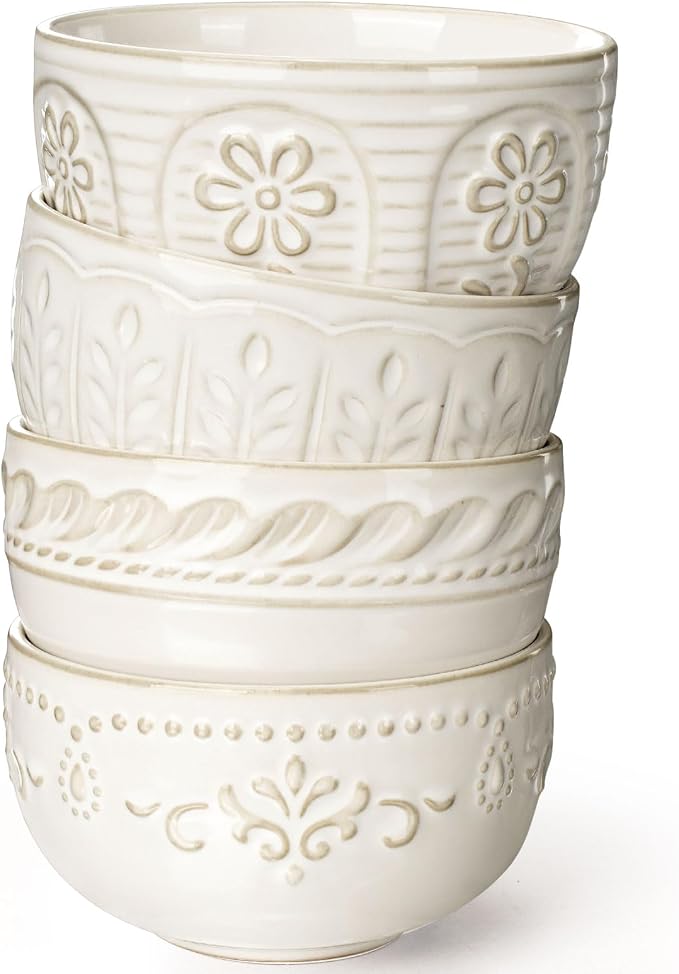 Small Bowls Set of 4, 12 oz Ceramic Embossment Dessert Bowls, Ice Cream