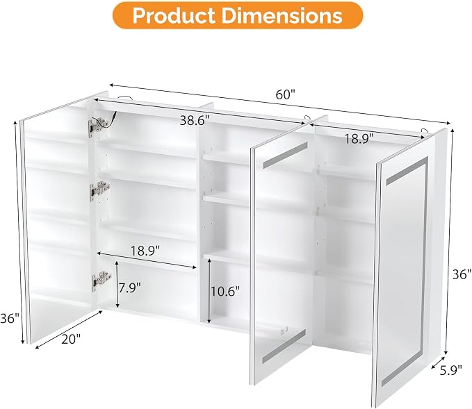 60 x 36 Inch Extra Large Lighted Bathroom Medicine Cabinet