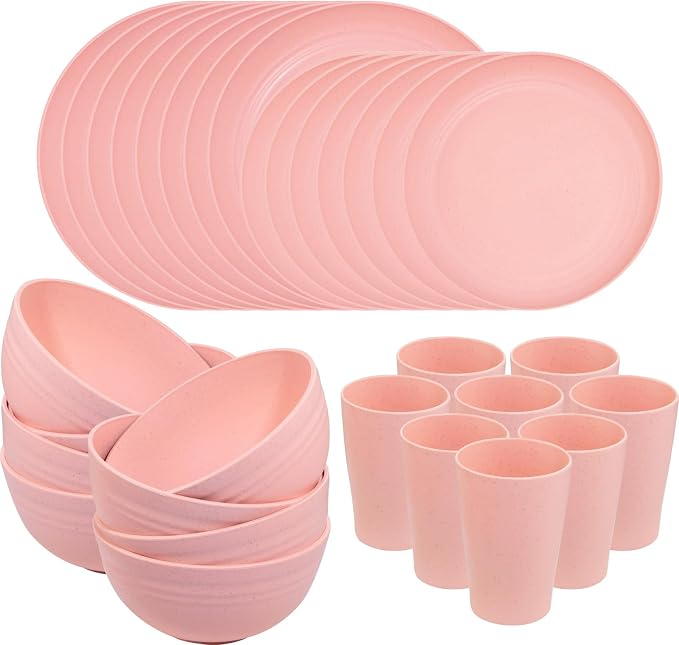 32Pcs Pink Plates and Bowls Sets