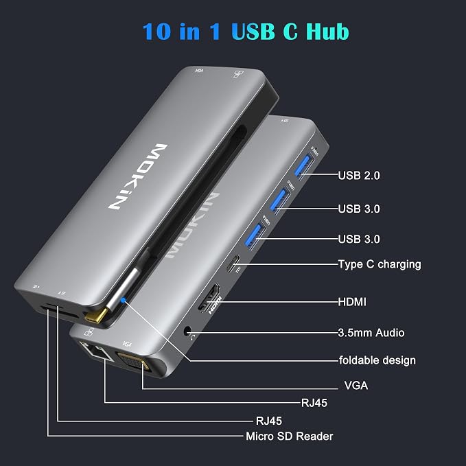USB C Hub Multiport Adapter - 10 in 1 Portable Dongle